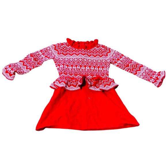 🧣 Hope & Henry Red Fair Isle Knit Peplum Dress Girls Toddler Holiday Style - Picture 1 of 4